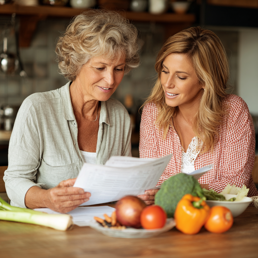 Mature adult woman consulting with nutritionist and reviewing personalized meal planning documents